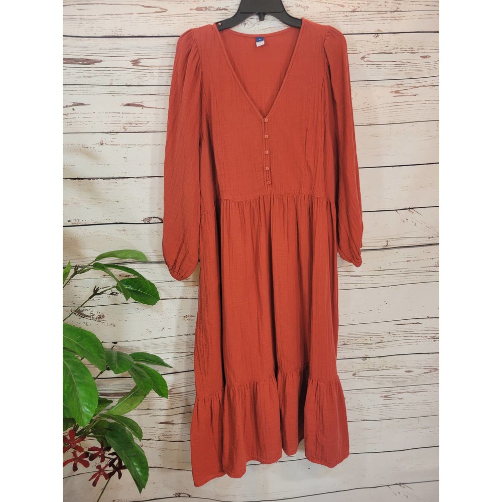 Old Navy Orange Summer Sienna Long Sleeve Tiered Dress Prairie cottage XL